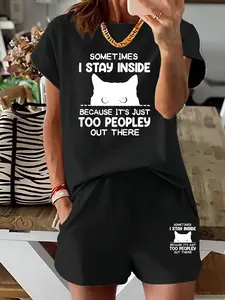 Women's Summer Casual Short Sleeve Top and Shorts Set, Cartoon Cat Print, Fitted Thin Fabric, Regular Length Pants, Perfect for Daily Wear