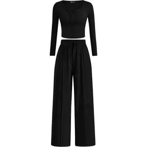 Women’s 2025 Fall Trendy Two-Piece Loungewear Set — Long-Sleeve Henley Shirt and Wide-Leg Pants, Travel Outfit