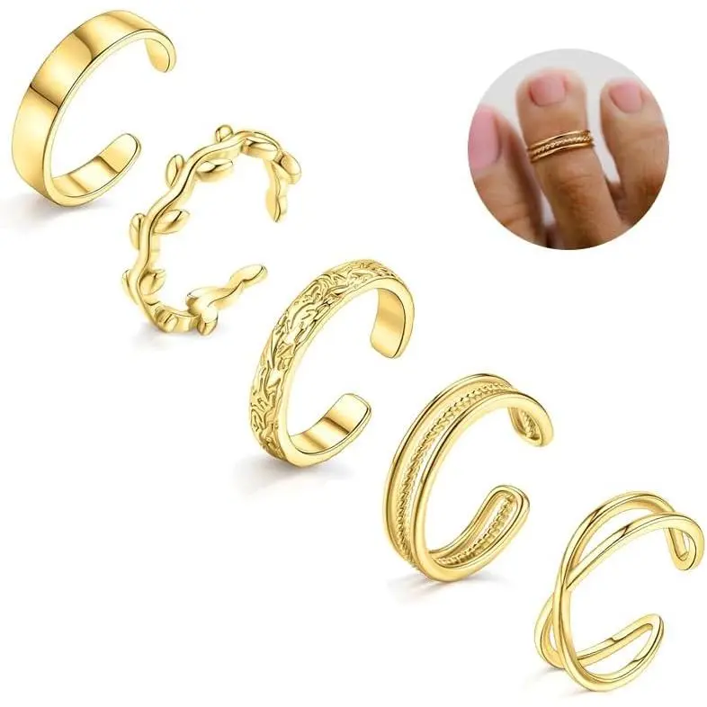 Female 5-Piece Gold-Plated Copper Toe Rings Set, Adjustable Open Band, Non-Tarnish Tarnish-Proof Hypoallergenic, Elegant Minimalist Jewelry for Daily Summer Use