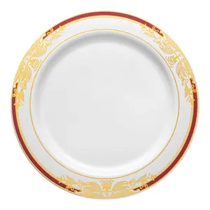 White with Burgundy and Gold Harmony Rim Plastic Dinner Plates (10.25")