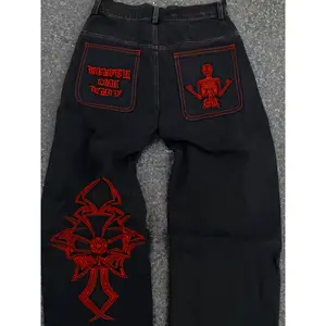 Y2k Inspired Mens Skeleton Embroidery Jeans Halloween Themed Casual Street Style Denim Pants With Relaxed Fit And Intricate Details