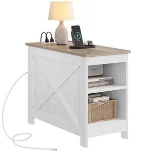 Yitahome End Table with Charging Station, Narrow Side Table with Storage Shelf, Farmhouse Nightstand with Storage for Small Spaces, Living Room, Bedroom