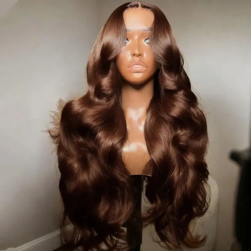 Chocolate Brown 13x4 HD Transparent Lace Front Body Wave  Human Hair Wig Dark Brown Colored Pre-plucked Hair  With Baby Hair For Woman