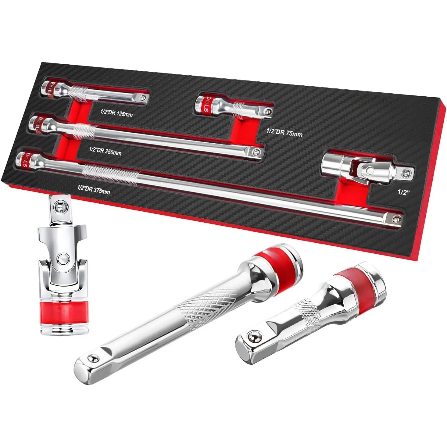 5-Pc 1/2" Drive Socket Extension Set with Extra Long Extension Bar, Universal Joint for Auto Repair, Extension Bars