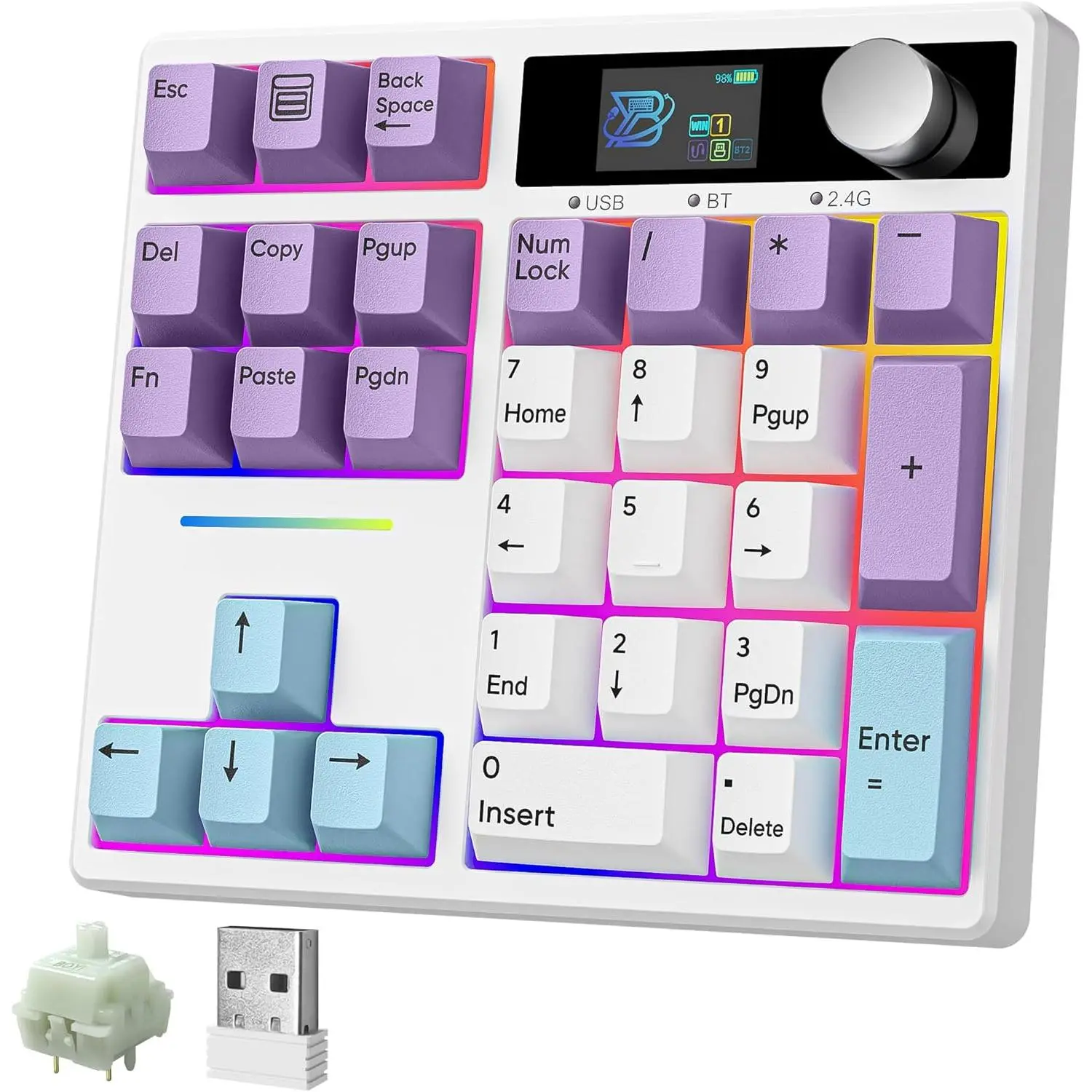 TD31Pro Mechanical Number Pad,Bluetooth5.0/2.4G/Type-C  Numeric Keypad,RGB HotSwap Numpad with Screen&Knob,PBT Keycap Rechargeable Gasket Number keypad for PC Laptop Desktop(White-)