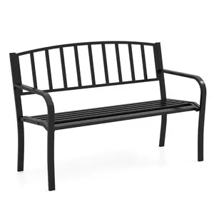 COSTWAY - 50 Inches Outdoor Garden Bench with Slatted Backrest and Curved Armrests-Black