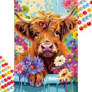 5D DIY Full Drill Round Diamond Painting - Diamond Painting Kit Bull Head Floral Mosaic Canvas DIY Wall Art, Home Wall Decoration