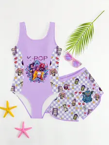 Girls' Checkered Two-Piece Swimsuit, Cartoon Print Kids Swimwear Set, Cute Bathing Suit for Summer Beach and Pool Parties