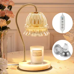 FAMIDUO Candle Warmer Lamp with Timer, Dimmable Elegant Glass Flower Lamp, 2 Bulbs & Marble Base, Electric Desk Lamp, Vintage Aesthetic Room Bedroom Decor, Wax Melt Warmer Light, Women/Mom Warm Gift