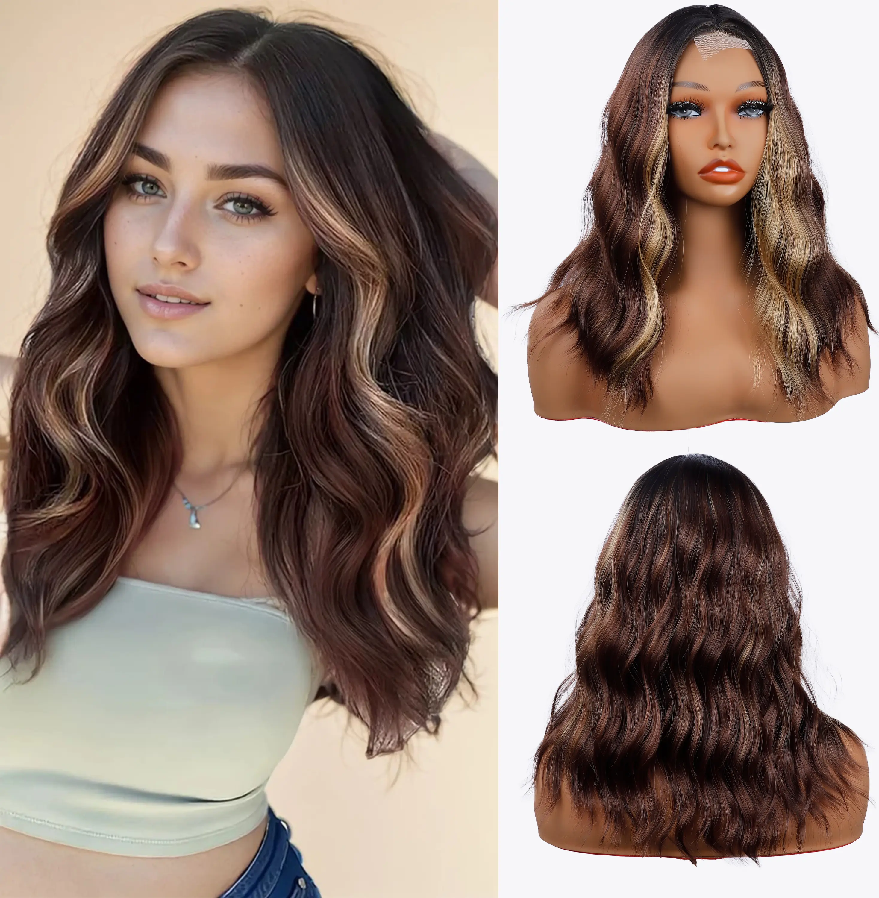Brown Highlight Short Wavy hair Wig for Women Lace Hairline Perfect Bob Style Synthetic Heat Resistant - Natural Appearance for Everyday Hairstyle Elegant Daily Wear Glueless Wave Wig gorgeous fashion fluffy wig