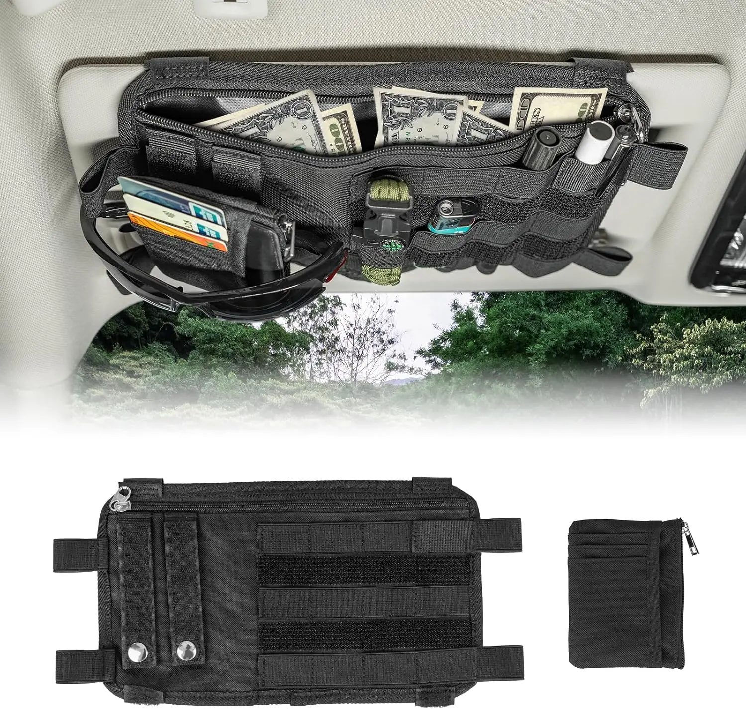 Car Sun Visor Organizer – Sunvisor Organizers with Card Pouch for Cars, Trucks, Vans, Tactical MOLLE Accessories, Sun Visor Storage Pouch