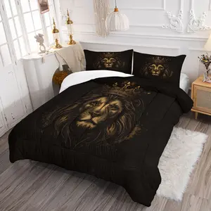 2/3pcs Golden Crowned Lion Print Comforter Set, Luxury Quilt, Soft Microfiber Bedding Set with Pillowcase, Regal King of Jungle Bed Set for Men & Modern Bedroom Decor
