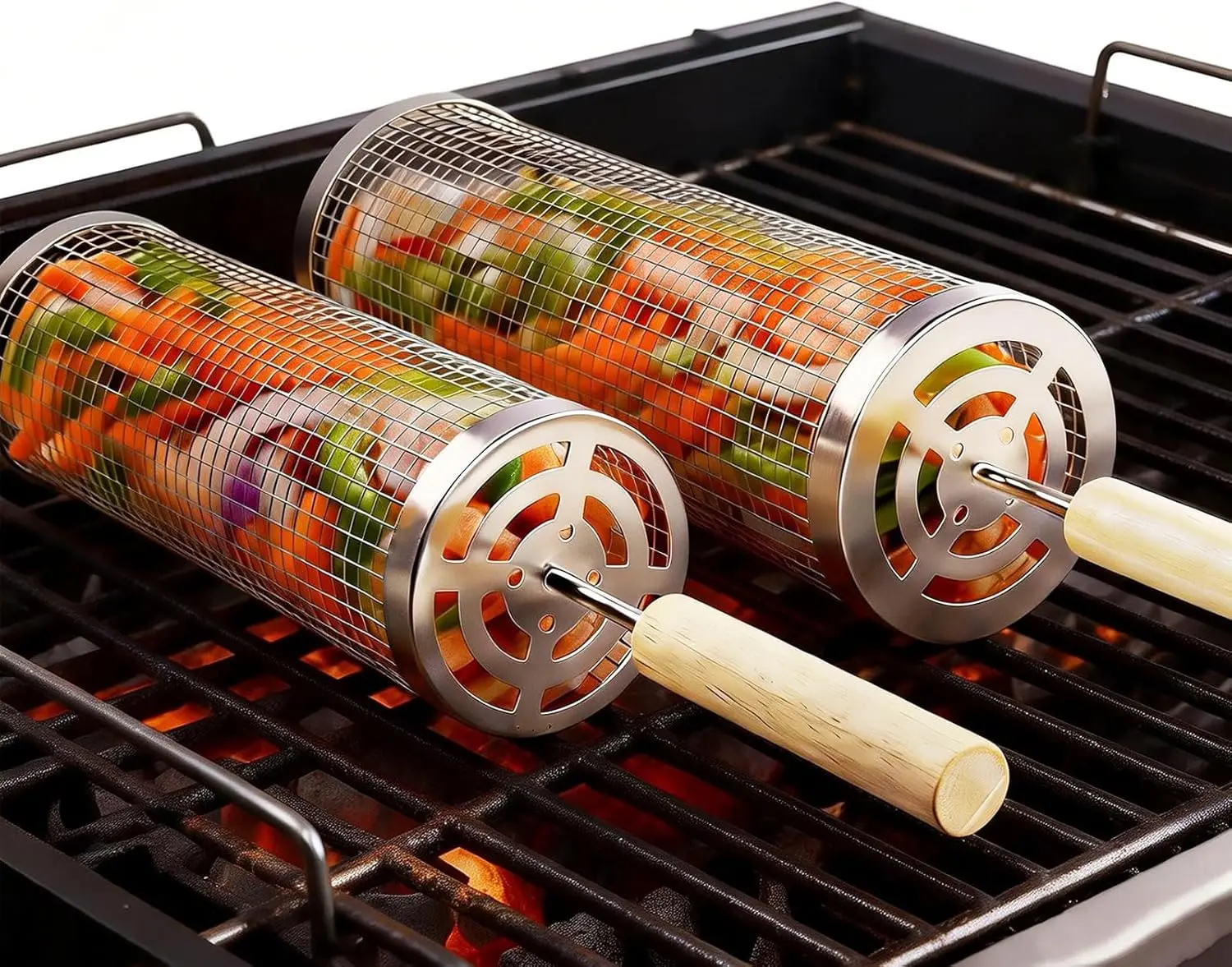 2-Pack 304 Stainless Steel Rolling Grill Baskets with Lid, Removable Wooden Handles, Outdoor BBQ Grill Utensils, Ideal Gifts for Men