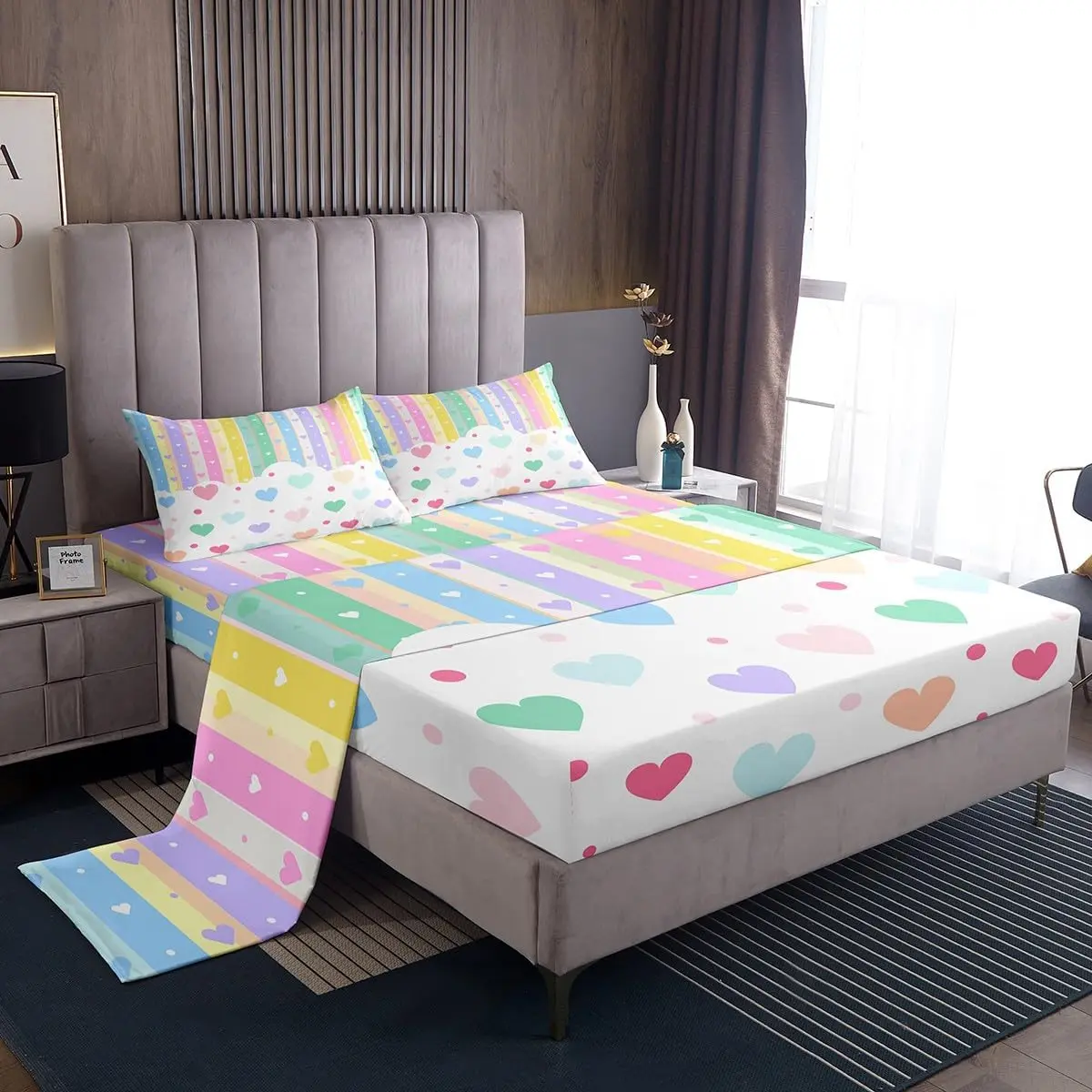 Feelyou Cute Kawaii Rainbow Bedding Set - Soft, Breathable Sheets for Toddler Kids, Multi-Size Collection with Rainbow Hearts, Dots, Cozy Bed Setup for Friends & Family, Fresh Sheets, Machine Washable