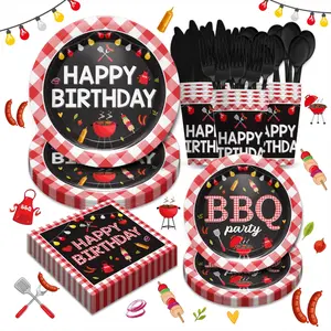 168Pcs BBQ Birthday Party Decorations,Includes BBQ Baby Shower Paper Plates, Cups & Napkins Plates Suitable for Summer BBQ, Picnic Camping, Serves 24