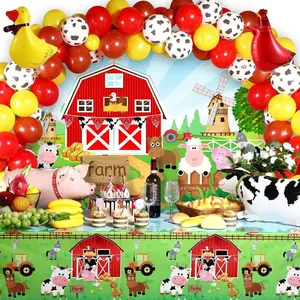 Farm Animals Theme Party Decorations Farm Barn Backdrop Banner Farmhouse Animals Decor Tablecloth Balloon Arch Garland Kit For Birthday Photography Baby Shower Party Supplies(Red)