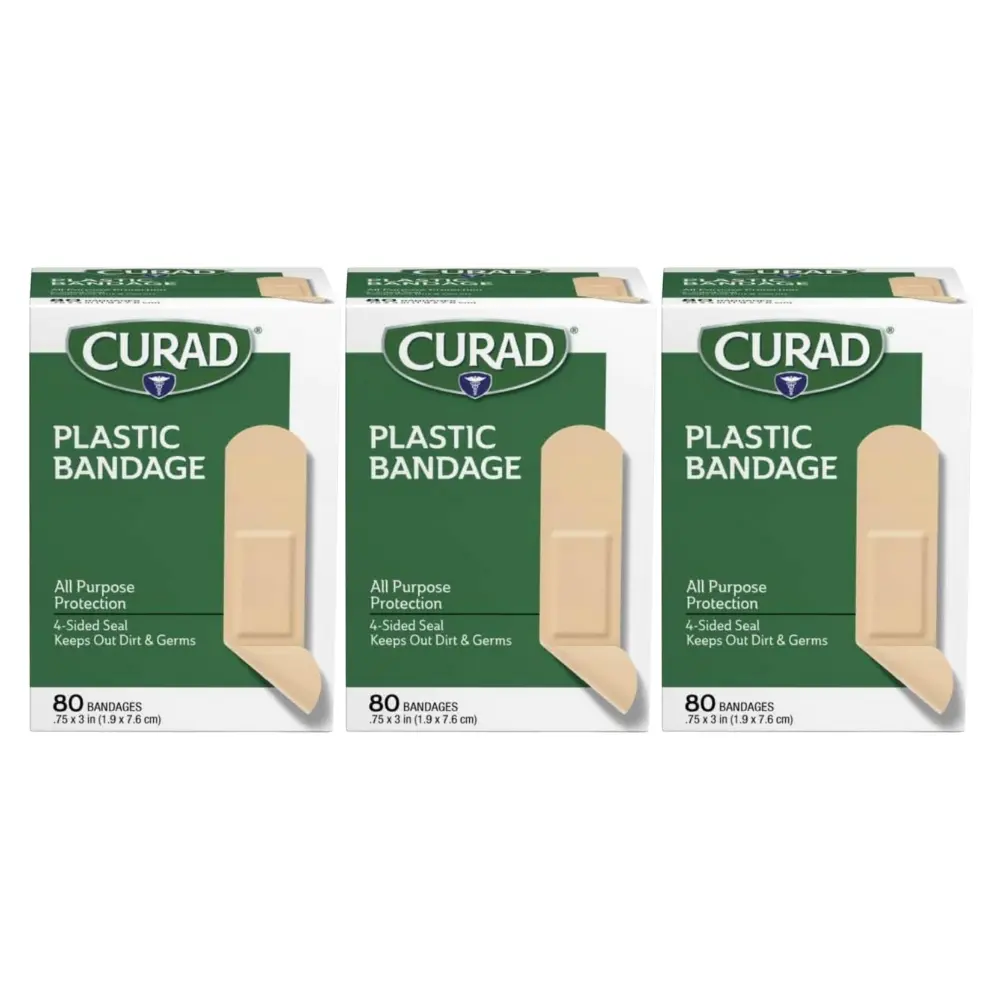 3 Pack - Curad Plastic Bandages .75" x 3" 80 Count Each Box 240 Total All-Purpose Protection 4-Sided Seal Comfortable Fit Individually Wrapped
