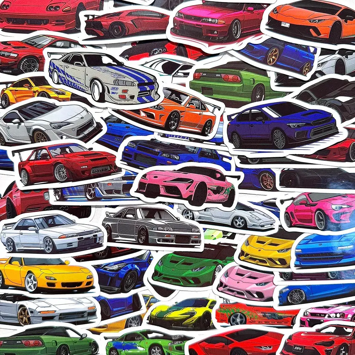 50-Piece JDM Sports Car Vinyl Sticker Pack, Japanese Drift Racing Decals for Tuner Vehicles, Meme-Themed DIY Scrapbooking Stickers