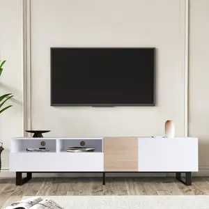 Modern Farmhouse Style Freestanding Wooden Storage TV Stand with Metal Legs