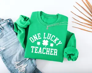 One Lucky Teacher Adult Sweatshirt - Green Varsity Lettering Shamrock Accents Soft Cozy St Patrick's Day Teacher Outfit