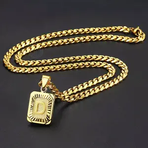 Initial Pendant 5mm Cuban Necklace for Men and Women, Square Pendant Capital Letter Necklace, Gold-Plated Letter Pendant Necklace,  Jewelry Gift for Mother, Wife and Girlfriend