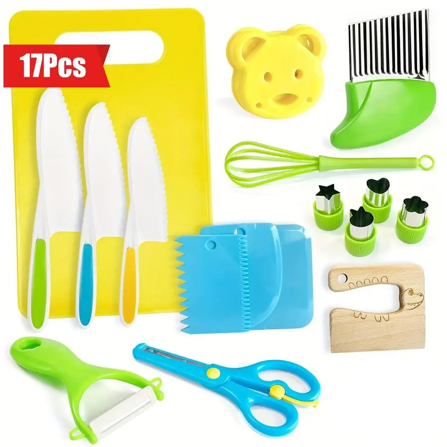 Kitchen Tool Set, 17pcs/set Including Knife, Cutting Board, Sandwich Cutter, Peeler, Multifunctional Cooking Set, Cooking Utensils for Kids