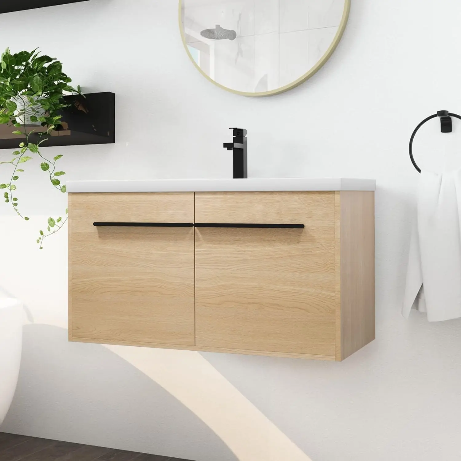 Classic Farmhouse Style 36 Inch Wall-Mounted Wooden Bathroom Vanity with Resin Countertop Sink