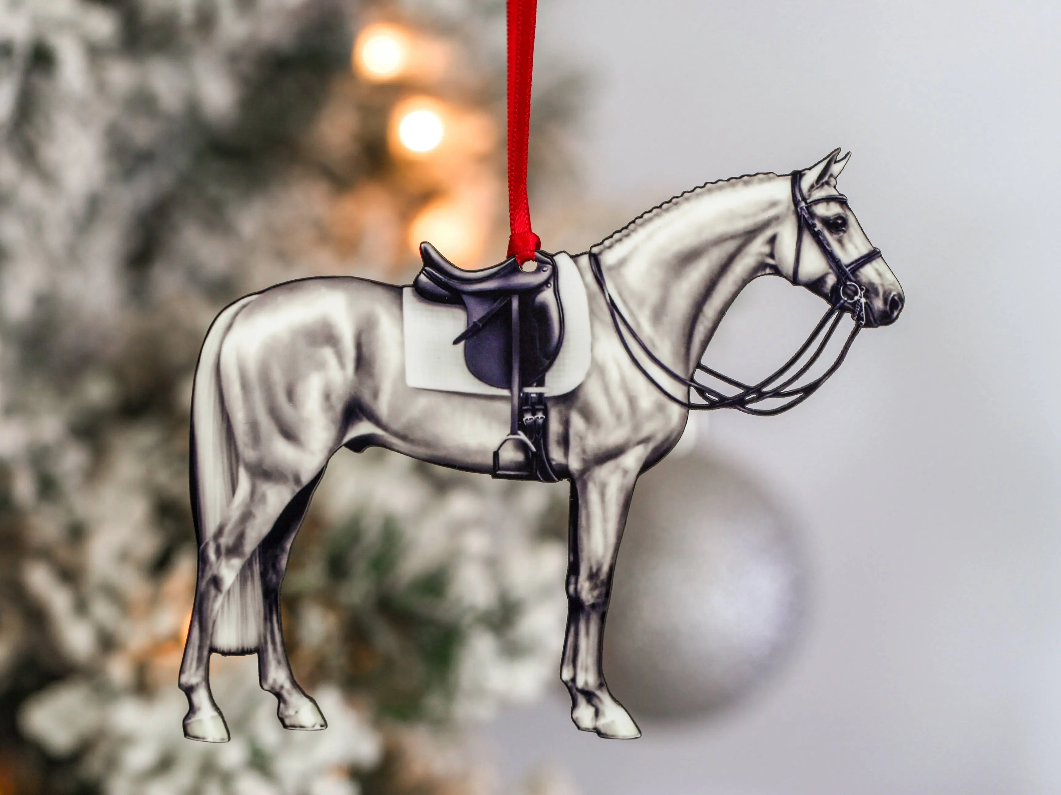Light Gray / White Dressage Horse Christmas Ornament - Equestrian Decor