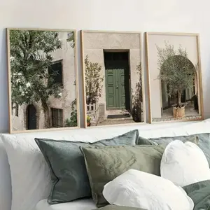 3 Pieces Italy Malta Green Olive Tree Photography Prints, Modern Cityscape Wall Mural, Travel Theme Home Art, Contemporary Gallery Decor, Natural Green Tone Painting, Wall Decor for Living Room and Office, Framed or Unframed Options Available.