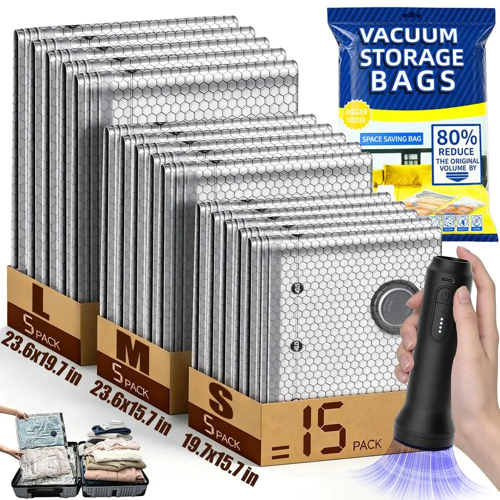 Vacuum seal bags for clothing, fast vacuum compression kit for travel, portable cordless charging pump, moisture-resistant pouches in three sizes for business trips