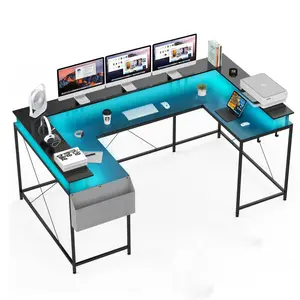 GARVEE U Shaped Desk 126 Inch Gaming Desk with Monitor Stand and LED Lights Computer Desk Black, Desk with Led Lights, Convertible U Shaped Office Desk, Full Monitor Stand