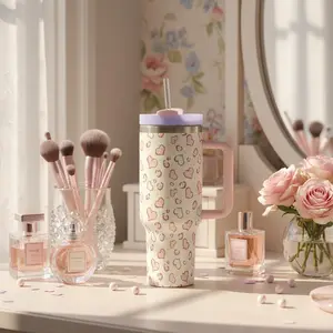 Pastel Heart 40oz Tumbler with Handle, Pink Girly Aesthetic Cup, Insulated Stainless Steel Cute Gift for Her