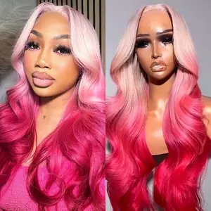 Aodbar hairs Ombre Pink Long Body Wave Lace Frontal Wig Realist Hairline 13*4 Transparent Lace Frontal Wig Pre Plucked Bleached Knots  Baby Pink and Hot Pink Color Long Deep Wave Wig for Women 28 Inch