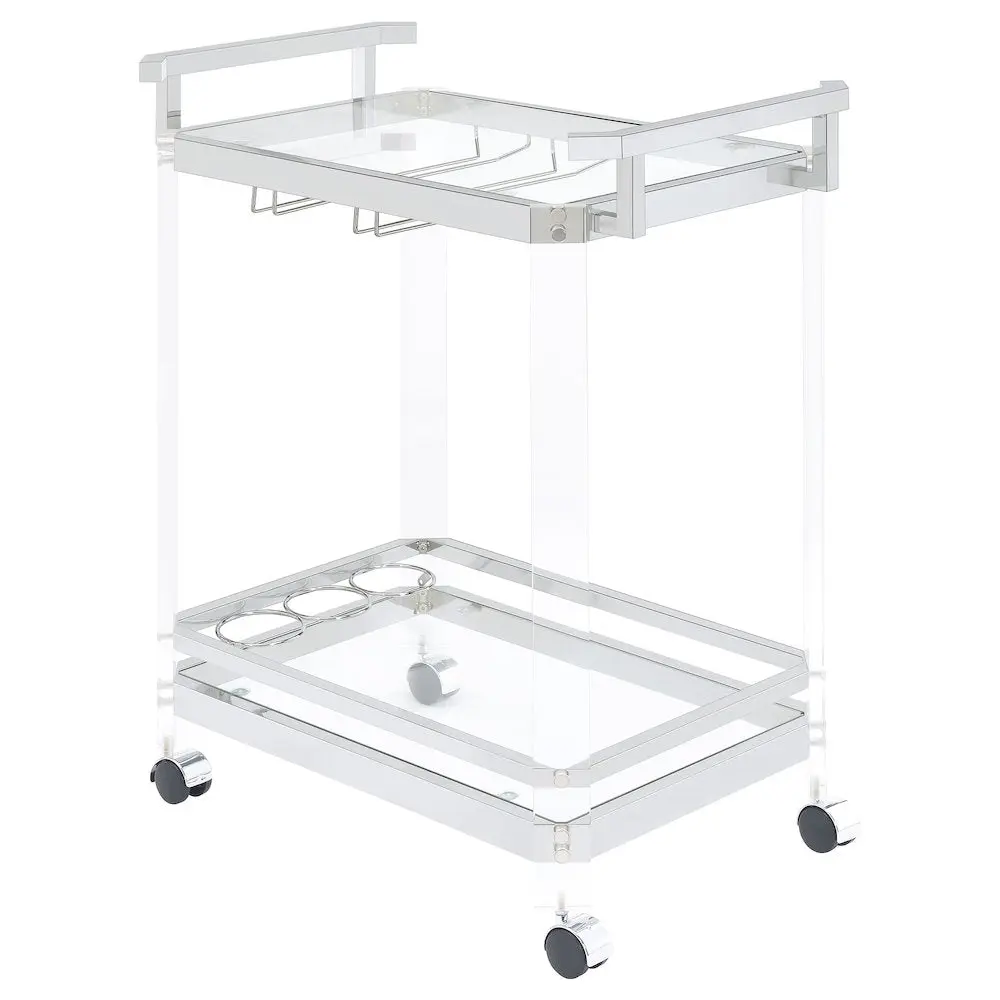 Jefferson Freestanding 2-Tier Glass Shelf Acrylic Bar Cart with Chrome Finish, Bar Service Double-Tier Utility Cart with Wheels, Two-Tier, Double-Tier Utility Carts