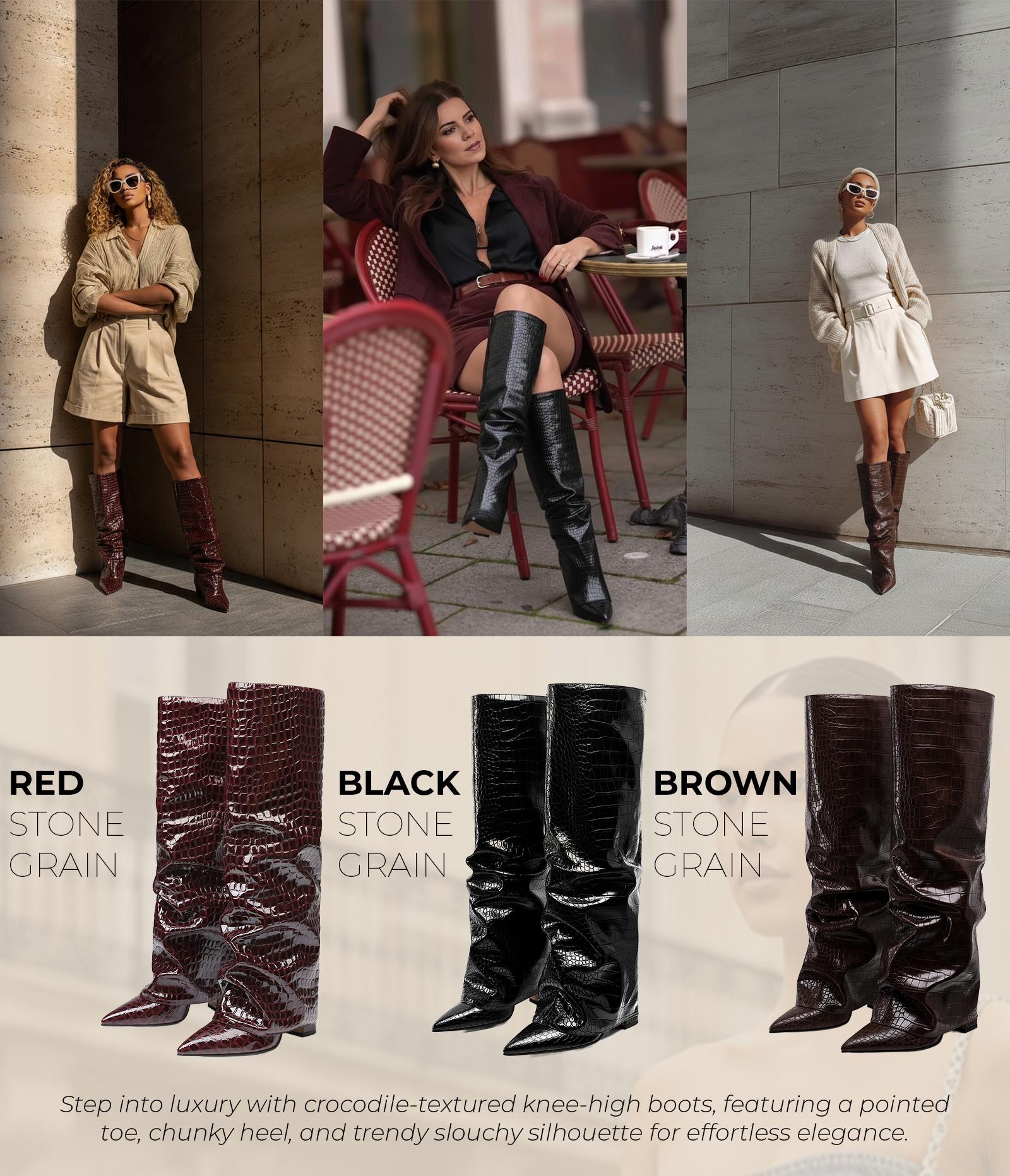 CYNLLIO Knee High Boots for Women Elegant Pointed Toe Chunky Block Heel Fold Over Slouchy Boot Pull On Trendy Fashionable Tall Shark Boot Spring Shoes for Women