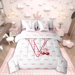 Initial Letter V Bow Bed in A Bag,7 Piece Pink Girly Bowknot Comforter Set,Buffalo Grid Cherry Print Bedding Sets,Cute Fantasy Princess Sheet Set