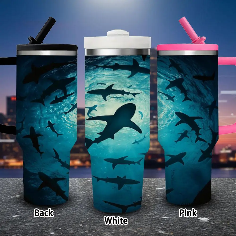 1 pc 40 oz Mysterious Ocean, School of Sharks, Underwater Adventure tumbler with lid and straw, winter insulated travel mug, gift for women and men, ideal for Valentine’s Day, Easter, birthday gifts, iced/hot coffee cup