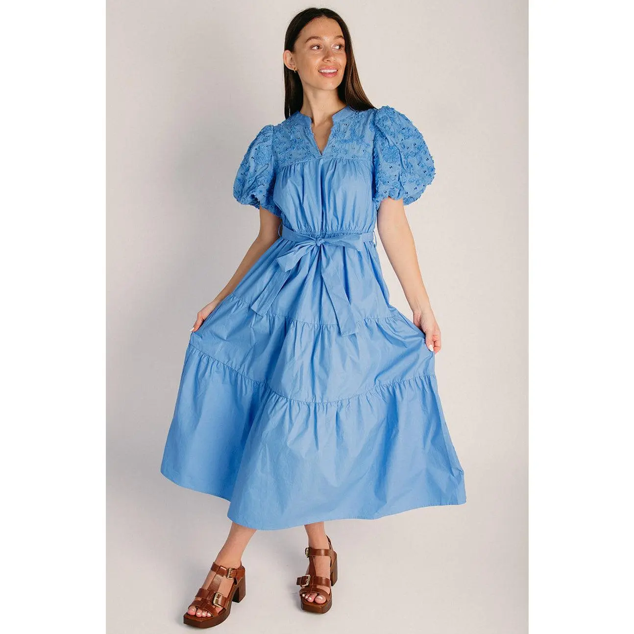 The Stelly Puff Sleeve Midi Dress in Periwinkle Blue