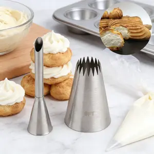 2Pcs Stainless Steel Cream Icing Piping Nozzle Tips - 1pc Long puff nozzles+1pc 9ft Buttercream Pastry Nozzles Pastry Decorating Tools - for Cupcakes Filling, Donuts, Cream Puffs, Small Pastries & Home Desserts Baking Decorations