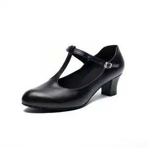 Women's Professional T-Strap Dance Heels - Black Synthetic Leather, Slip-Resistant Sole for Salsa, Wedding, Office - All-Season Formal & performance Shoes