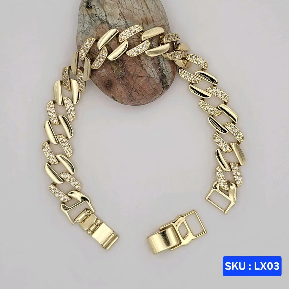 Beautiful Bracelet with Clear Stone Double  lock  Extender 6.5 To 7.5 Inches Bracelet 10mm wide Laminated Gold Jewelry for Women Elegant Fashion Accessory. SKU : LX03