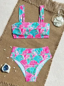 Women's High-Waisted Bikini Set, Tropical Shell Print Design, Vintage Vacation Style, Quick-Dry Sun Protection Swimwear
