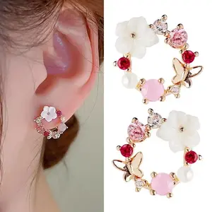 Women's 925 Silver Needle Crystal Drop Earrings - Pearl, Flower Cluster, Whimsical, Colorful Gemstones Wreath Design - 2026 Trending Korean Fashion Jewelry, Pearls Earrings