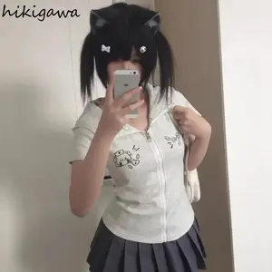Cat Ears Sweatshirts Women Clothing Slim Fit Short Sleeve Zipper Hoodies Tops Casual Chic Anime Cute Hoodie Coat Ropa Mujer