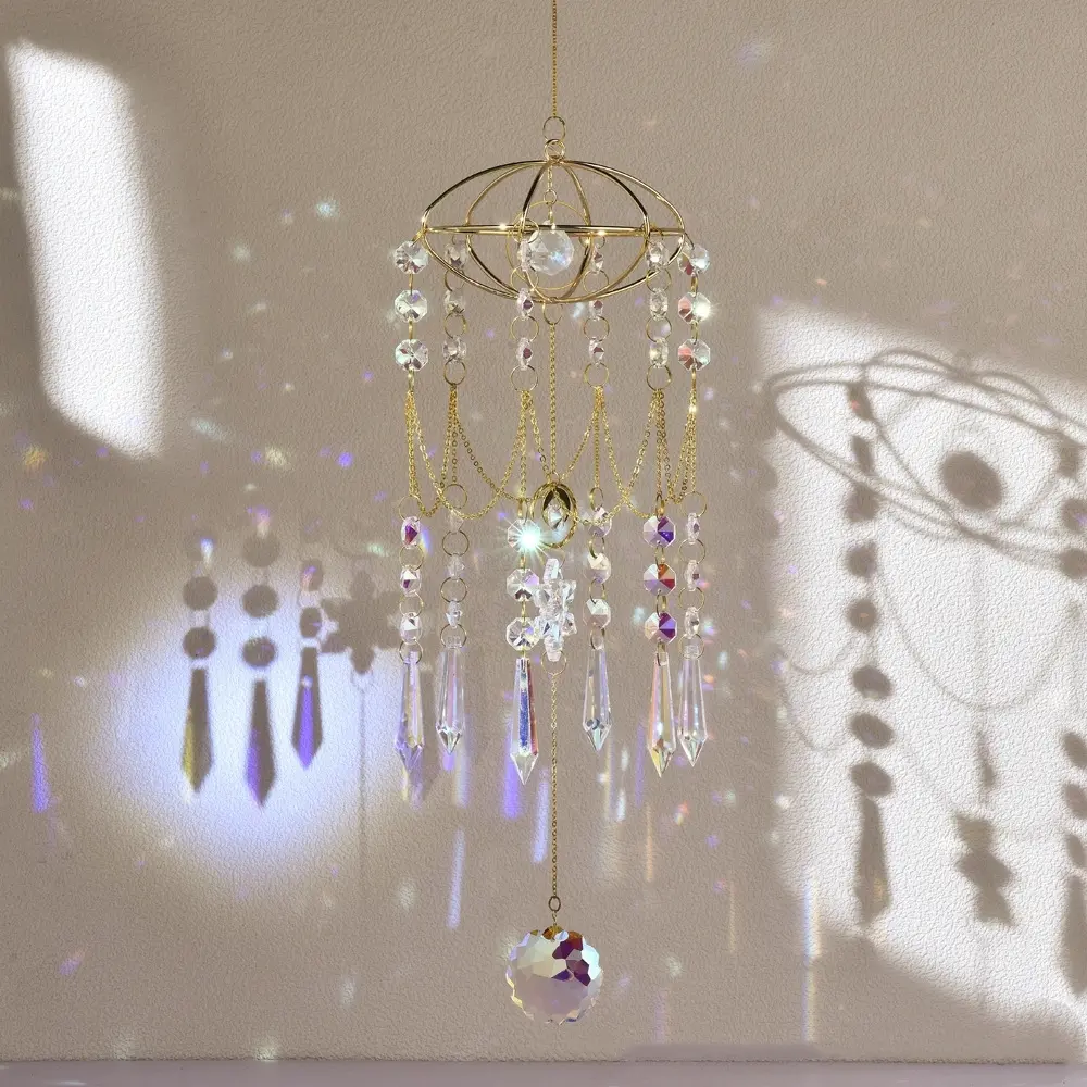 Crystal Sun Dream Catcher Window Hanging Wind Chime, Handmade Rainbow Maker, Boho Indoor Outdoor Decor, Blessing Gift