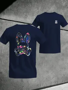 Unisex Rabbit Print T-Shirt, Men's Fashion Round Neck Tee, Comfortable Casual Wear, Ideal for Home and Leisure, Long Fitted Style, Animal Print Tee