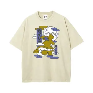 Menswear Retro Cotton Fabric Short-Sleeve Pocket Monsters Dragonite Japanese Ukiyo-e Graphic Washed T-Shirt - Vintage Distressed, Oversized Loose Fit, Unisex Anime Streetwear Tee