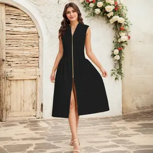 GUNEST Women’s Summer Smocked Midi Dress – VNeck Sleeveless Elegant Flowing Dress with Back Zipper & High Slit, Beige Party Birthday Outfit.Womenswear