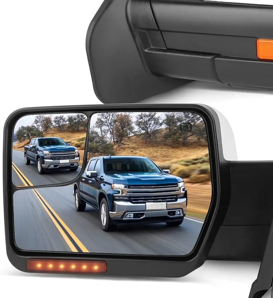 Towing Mirrors fit 2004-2014 Ford F150 Pickup, Chrome Power Heated Tow Mirrors with Turn Signal and Puddle Light, Double Glass Blind Spot Mirror Pair Set Left and Right