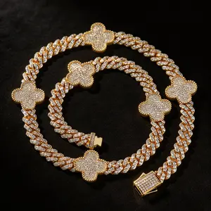 Moissanite Lucky Clover Necklace Copper Miami Italy Mexico Inspired Hip Hop Trendy Aesthetic Affordable Jewelry for Women & Men Gift